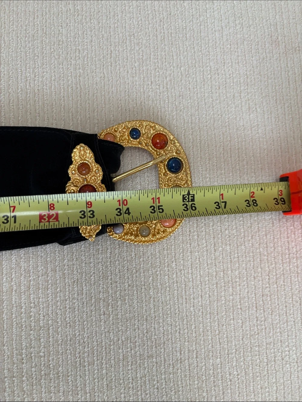 Black Suede Leather Belt with Gold Gem-Studded Buckle